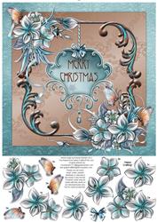 Image of cup352021_1435 - Christmas Winter Flowers 8x8 Decoupage Card - Aqua & Brown