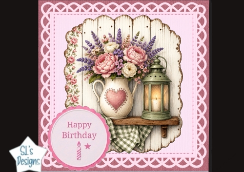 Image of cup1452814_135813 - Pink Rustic Happy Birthday Card Topper – Floral Pitcher & Lantern