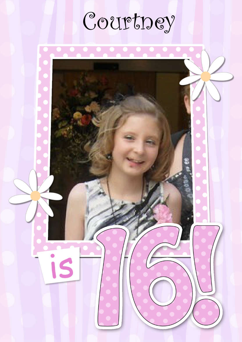 16th Birthday Stripes & Flowers Photo Upload Card - card made with Crafty Bob's Card Creator