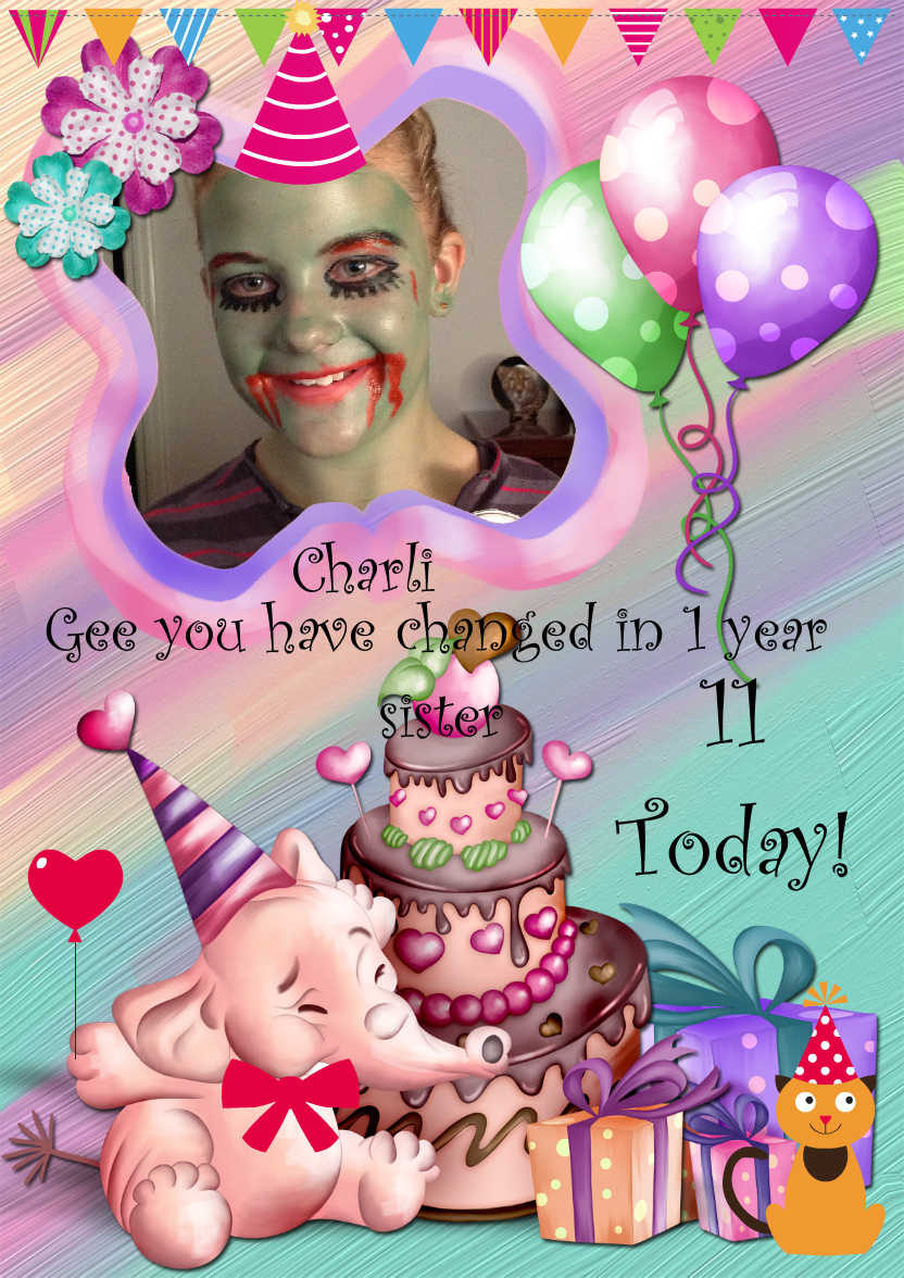 Elephant Birthday -  Girl's Age Aperture Card - card made with Crafty Bob's Card Creator