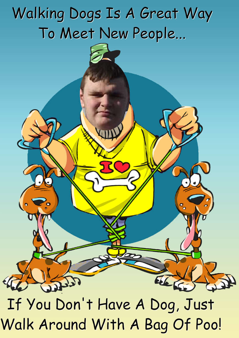 Humorous Dog Walker Aperture Card Front - card made with Crafty Bob's Card Creator