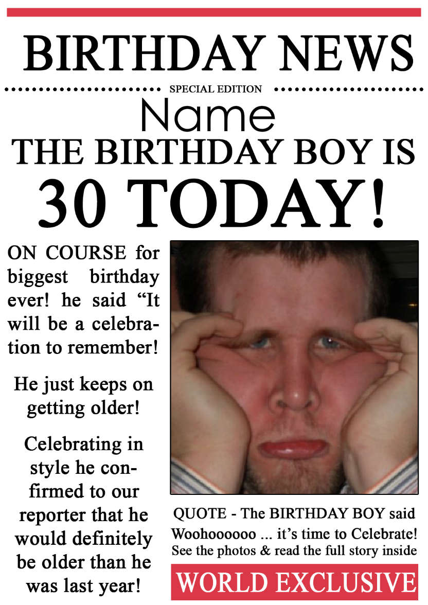 30 Today Birthday News Photo Upload Card - card made with Crafty Bob's Card Creator