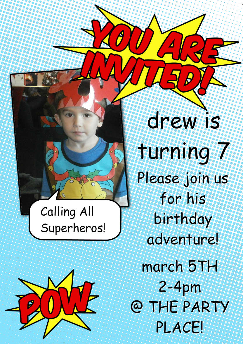 Superhero Comic Style Party Invitation - card made with Crafty Bob's Card Creator