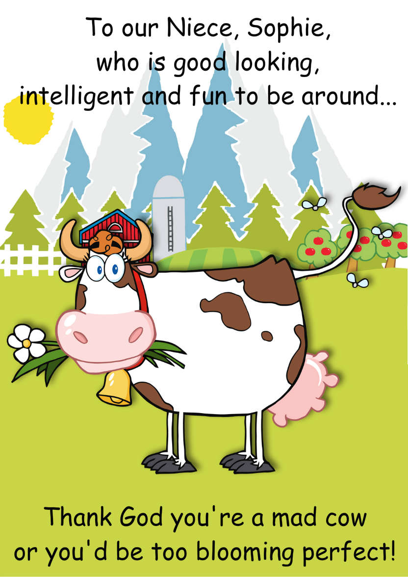 Mad Cow Humorous Card Front - card made with Crafty Bob's Card Creator