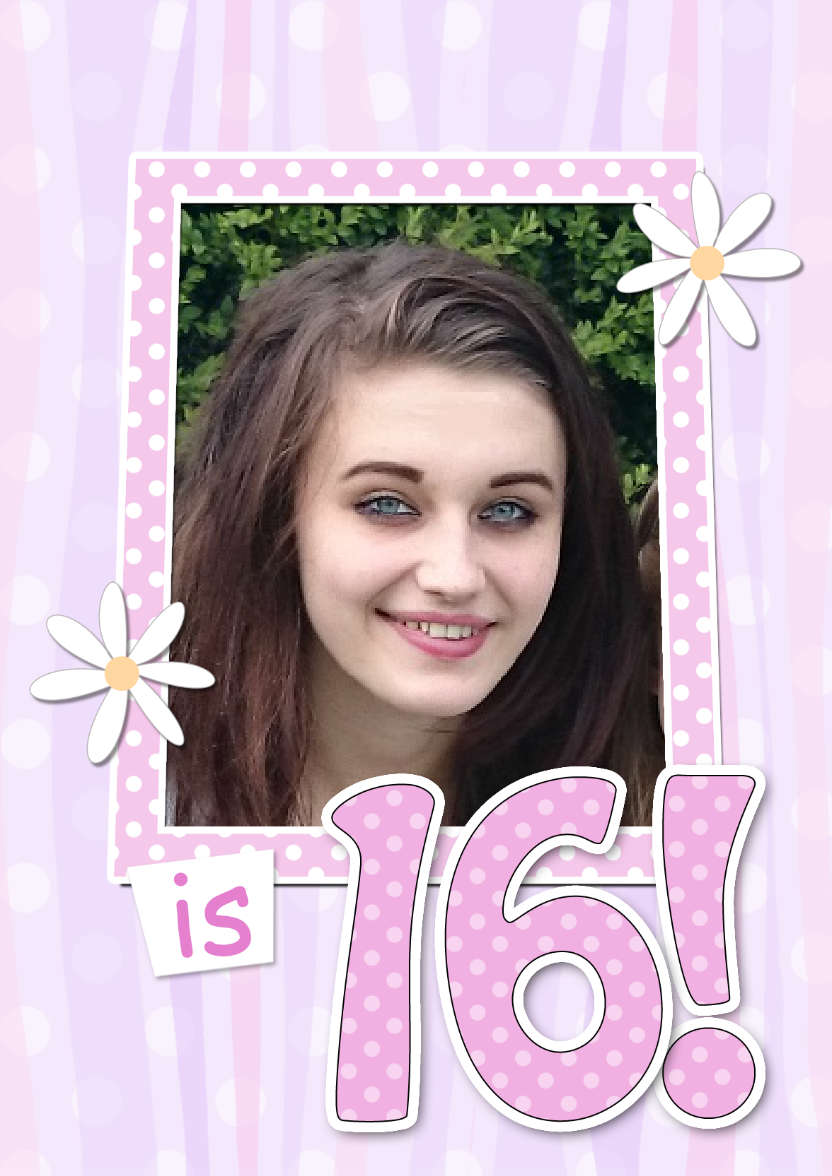 16th Birthday Stripes & Flowers Photo Upload Card - card made with Crafty Bob's Card Creator