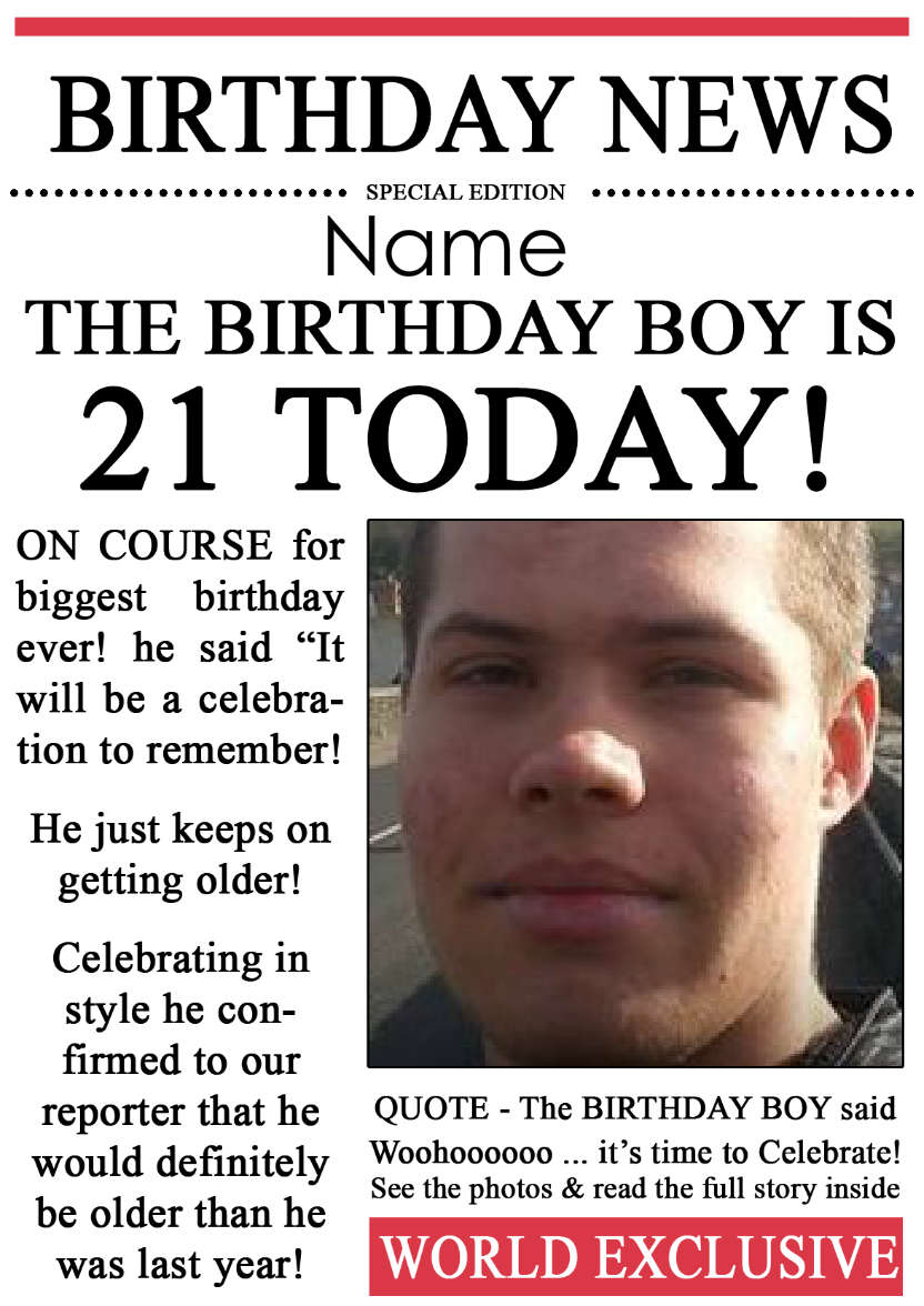 21 Today Birthday News Photo Upload Card - card made with Crafty Bob's Card Creator