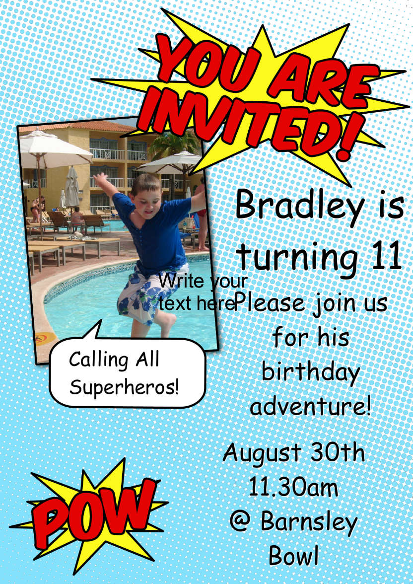 Superhero Comic Style Party Invitation - card made with Crafty Bob's Card Creator