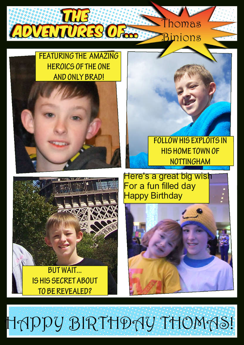 The Adventures Of -  Spoof Comic Book Card Front Blue - card made with Crafty Bob's Card Creator