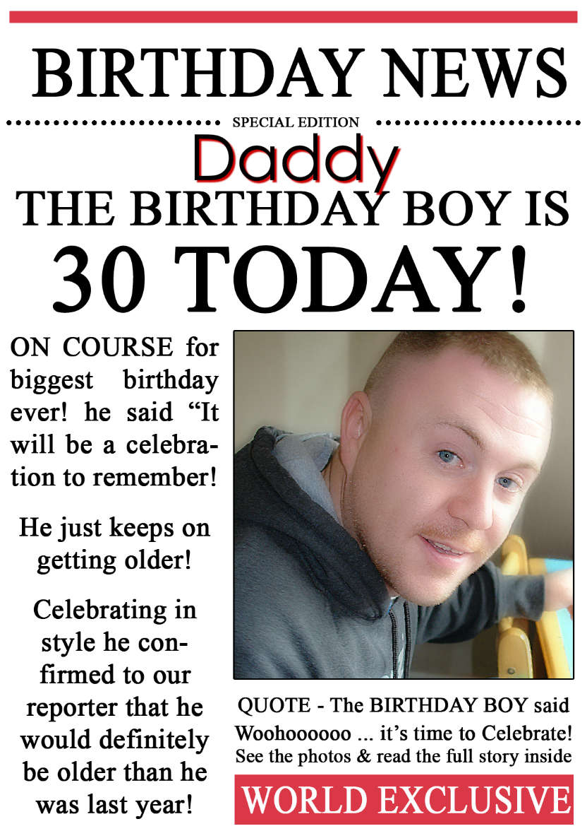 30 Today Birthday News Photo Upload Card - card made with Crafty Bob's Card Creator