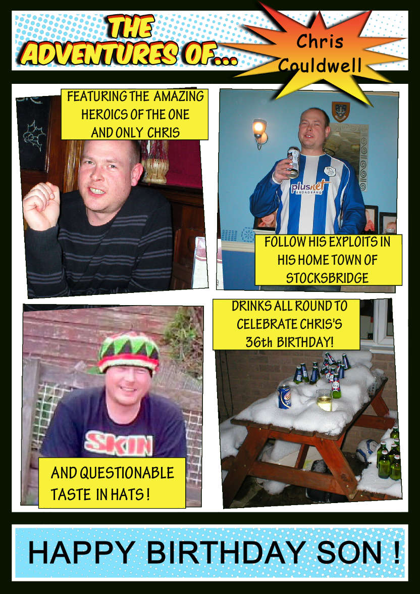The Adventures Of -  Spoof Comic Book Card Front Blue - card made with Crafty Bob's Card Creator