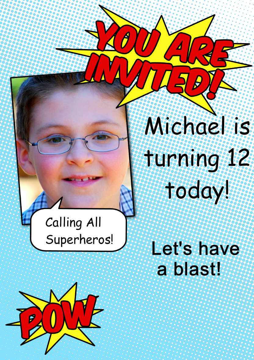 Superhero Comic Style Party Invitation - card made with Crafty Bob's Card Creator