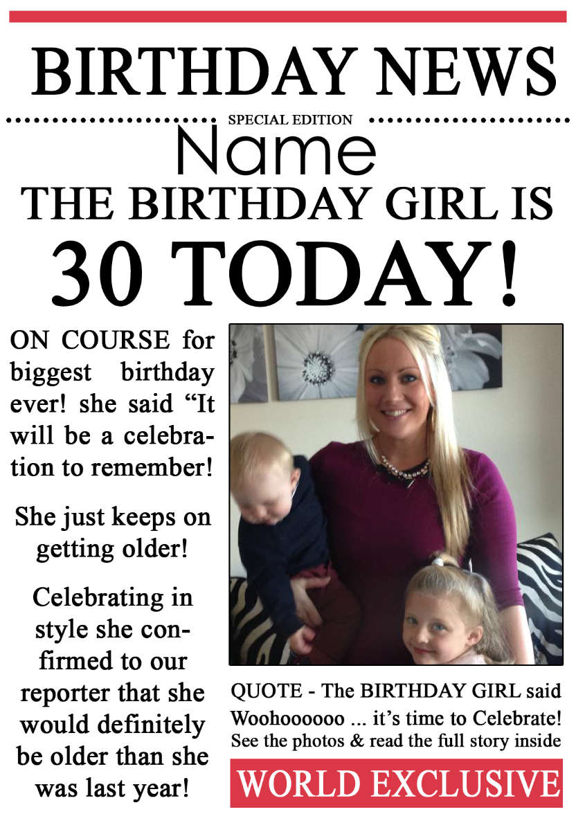 30 Today Birthday News Photo Upload Card - card made with Crafty Bob's Card Creator