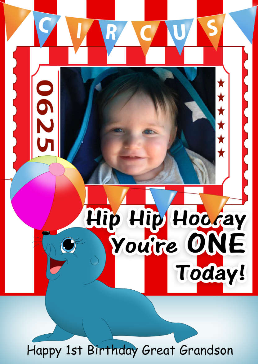 Circus Birthday Card with Cute Seal - card made with Crafty Bob's Card Creator