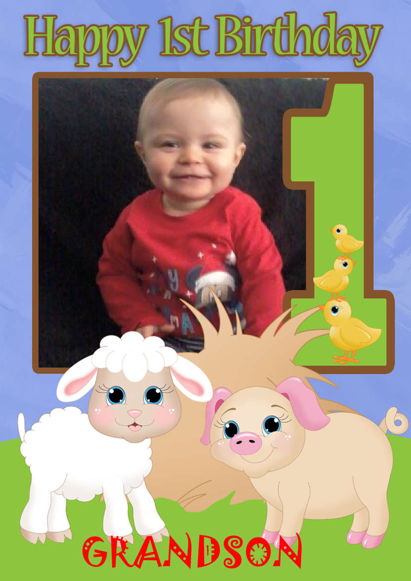 1st Birthday Farmyard Your Photo Here Card - card made with Crafty Bob's Card Creator