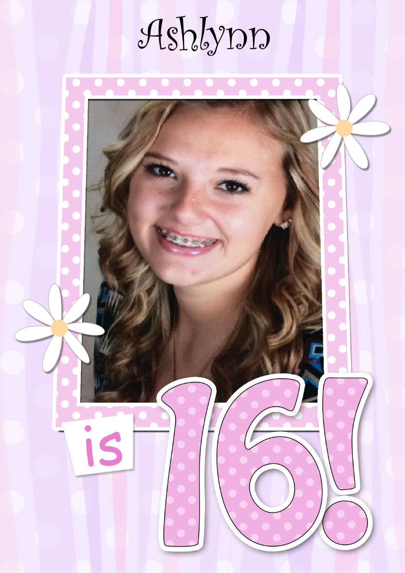 16th Birthday Stripes & Flowers Photo Upload Card - card made with Crafty Bob's Card Creator