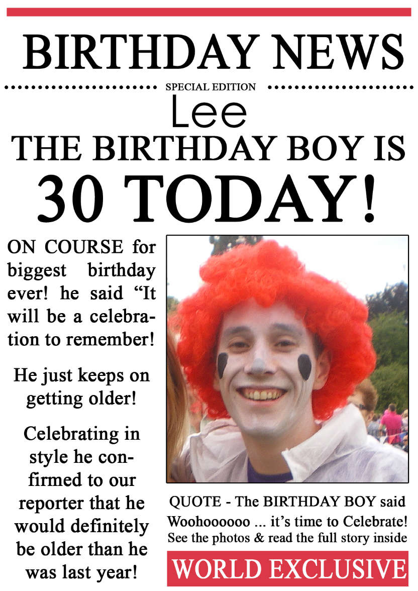 30 Today Birthday News Photo Upload Card - card made with Crafty Bob's Card Creator