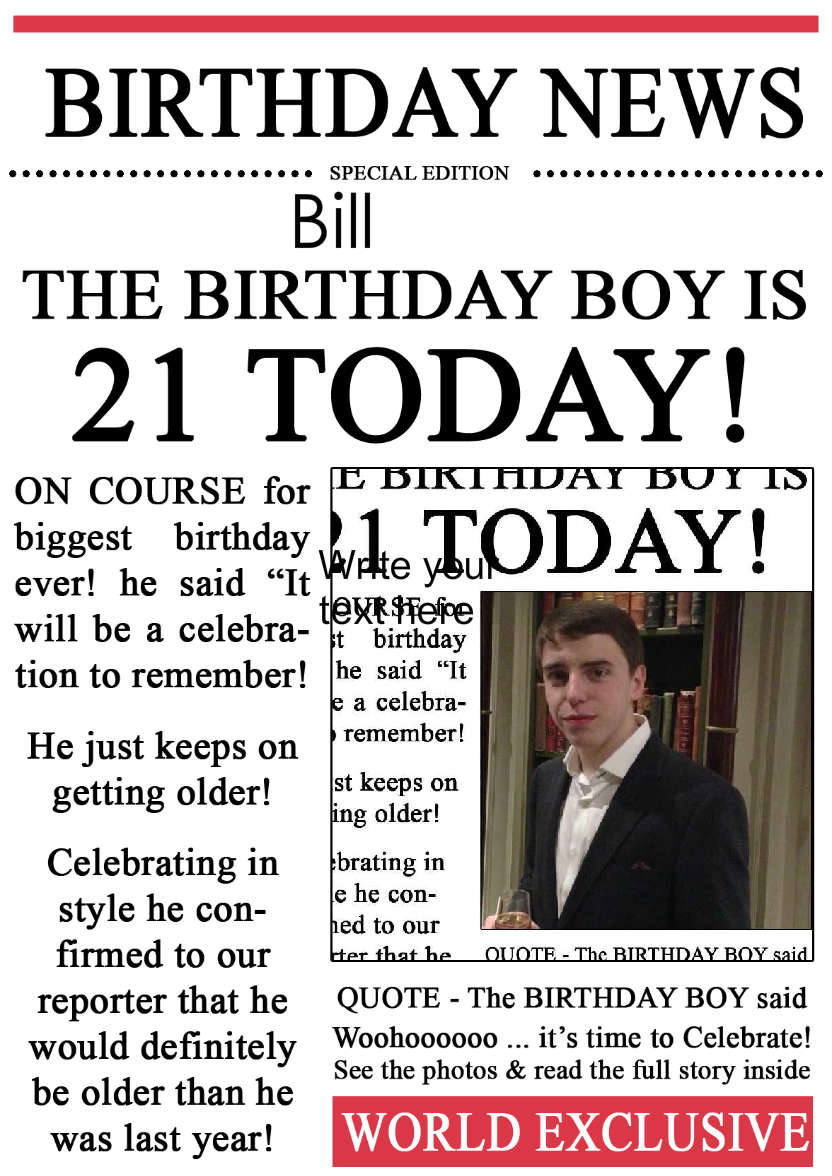 21 Today Birthday News Photo Upload Card - card made with Crafty Bob's Card Creator