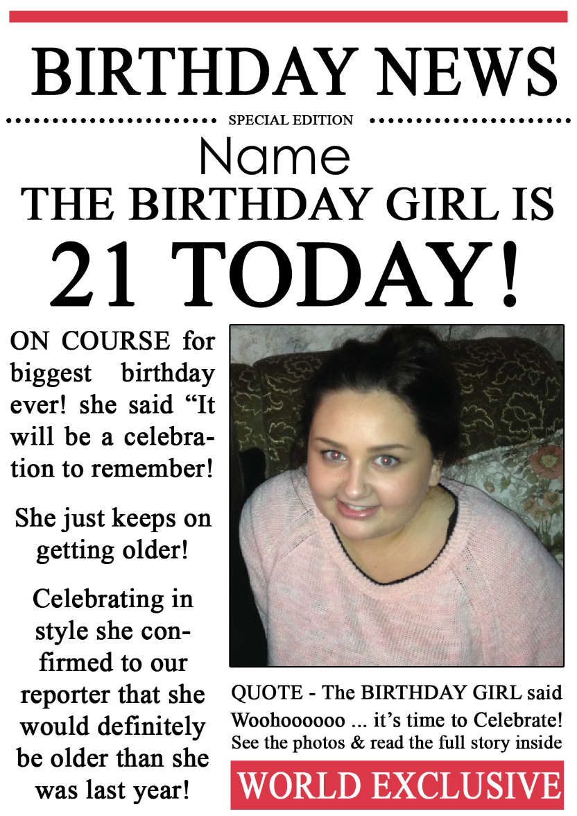 21 Today Birthday News Photo Upload Card - card made with Crafty Bob's Card Creator