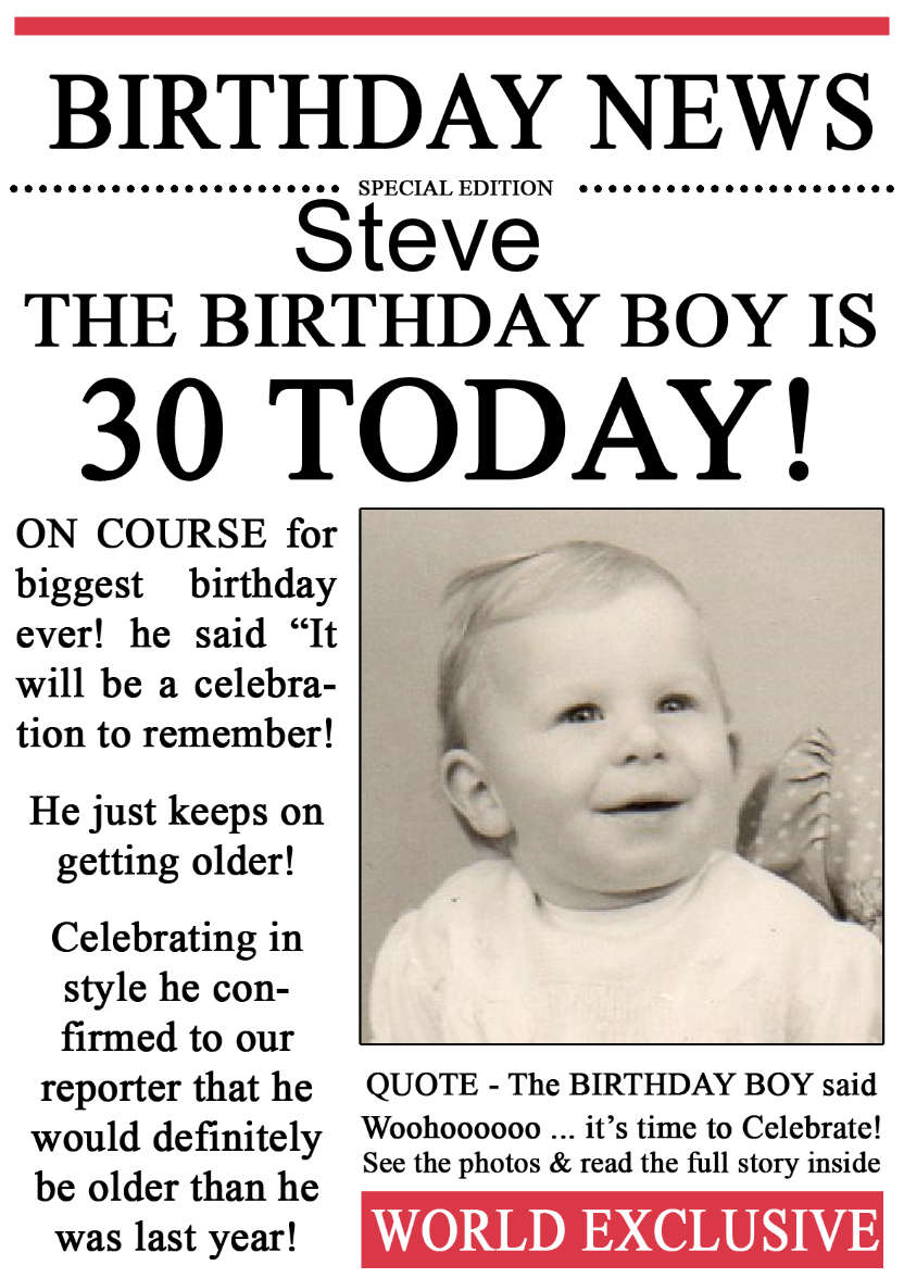 30 Today Birthday News Photo Upload Card - card made with Crafty Bob's Card Creator
