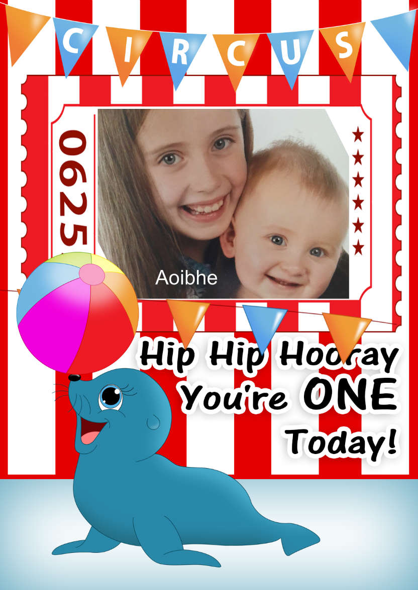Circus Birthday Card with Cute Seal - card made with Crafty Bob's Card Creator