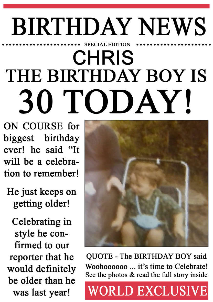 30 Today Birthday News Photo Upload Card - card made with Crafty Bob's Card Creator