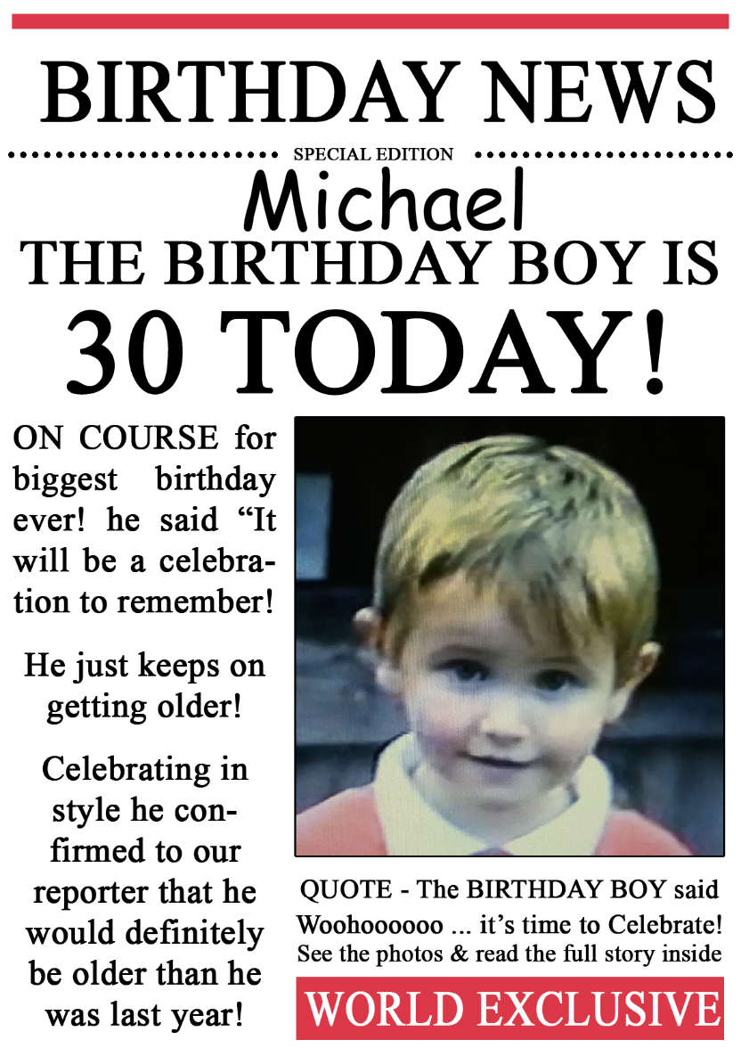 30 Today Birthday News Photo Upload Card - card made with Crafty Bob's Card Creator