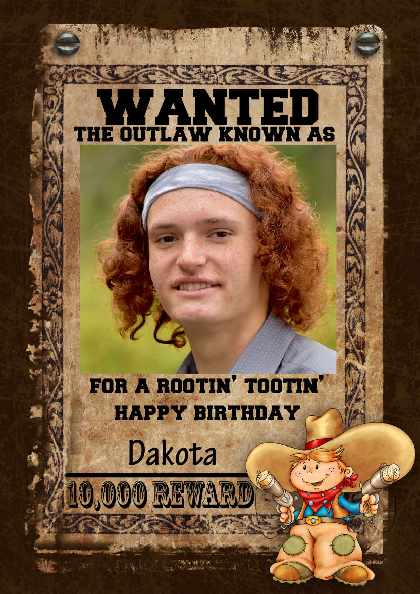 Fun Male Wanted Poster Birthday Card, Photo - card made with Crafty Bob's Card Creator