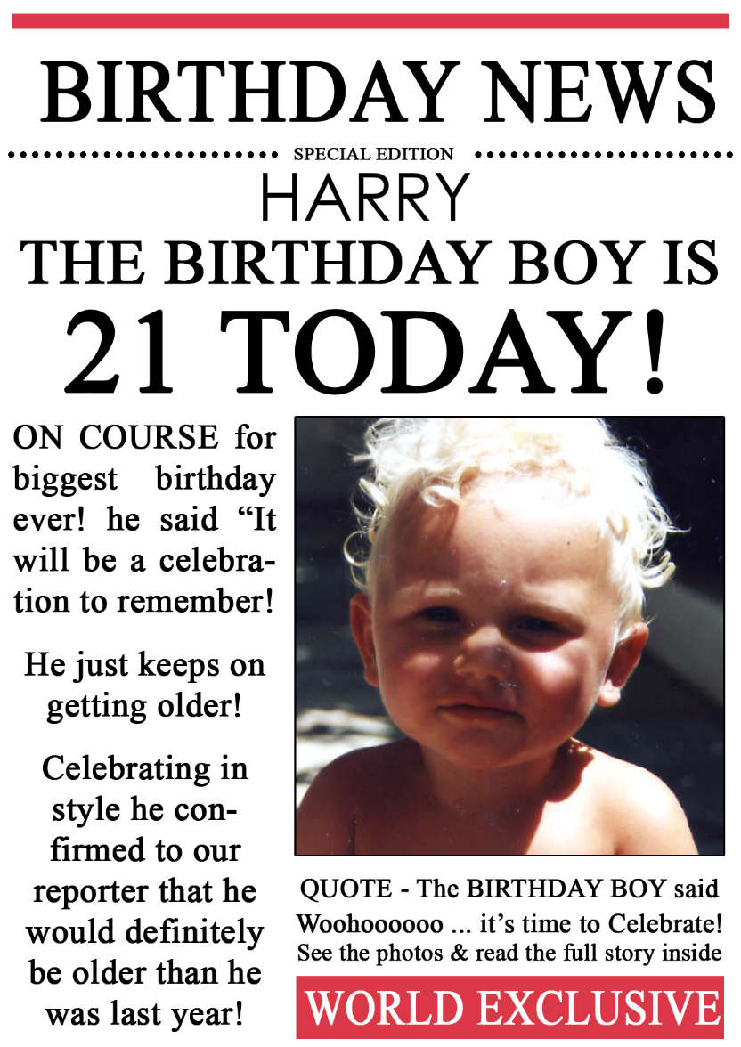 21 Today Birthday News Photo Upload Card - card made with Crafty Bob's Card Creator