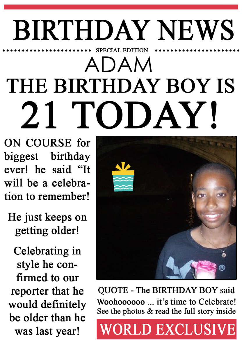 21 Today Birthday News Photo Upload Card - card made with Crafty Bob's Card Creator