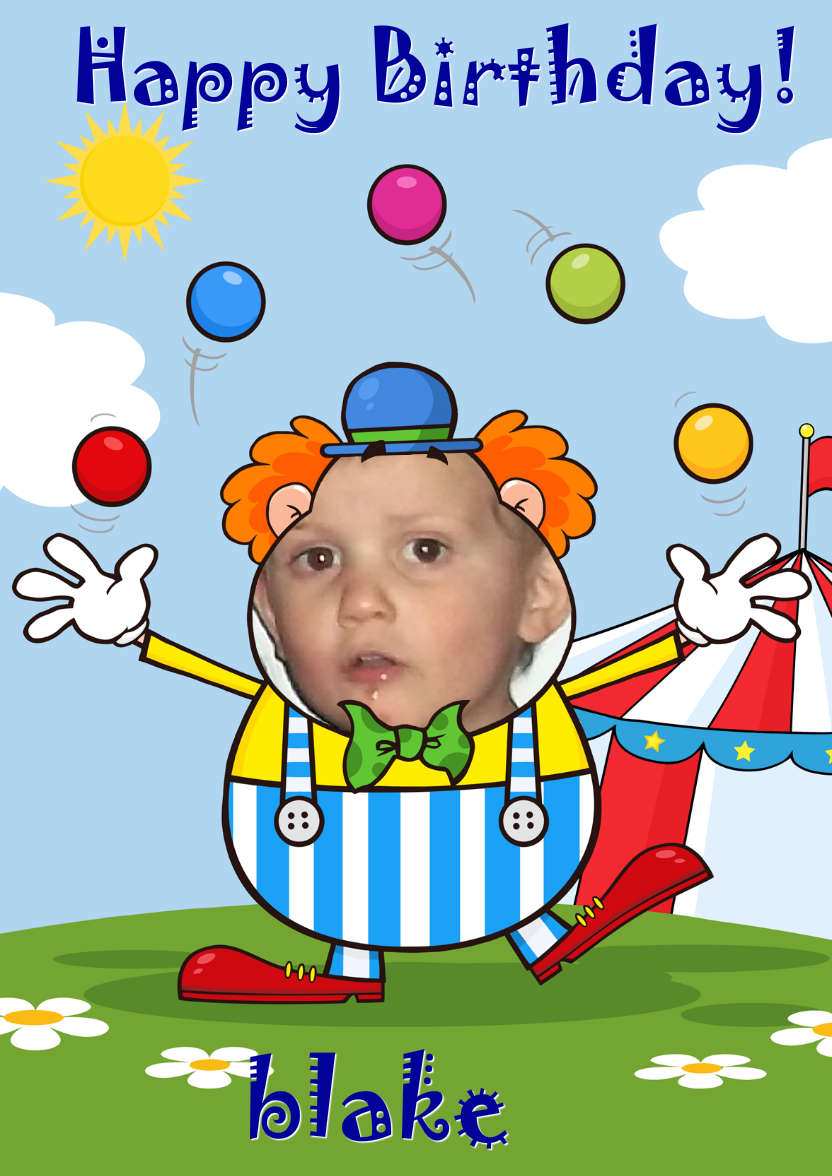 Juggling Clown Aperture Card Front - card made with Crafty Bob's Card Creator
