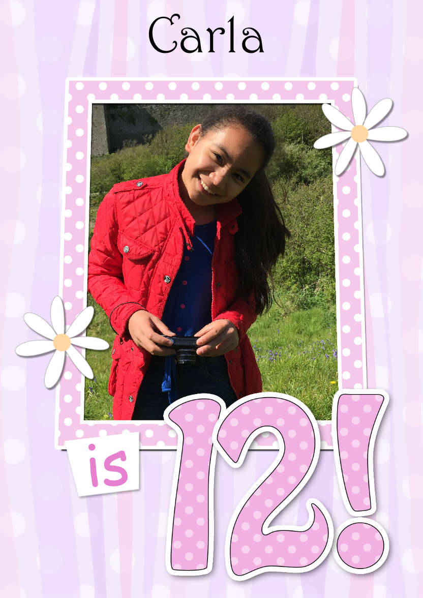 12th Birthday Stripes & Flowers Photo Upload Card - card made with Crafty Bob's Card Creator