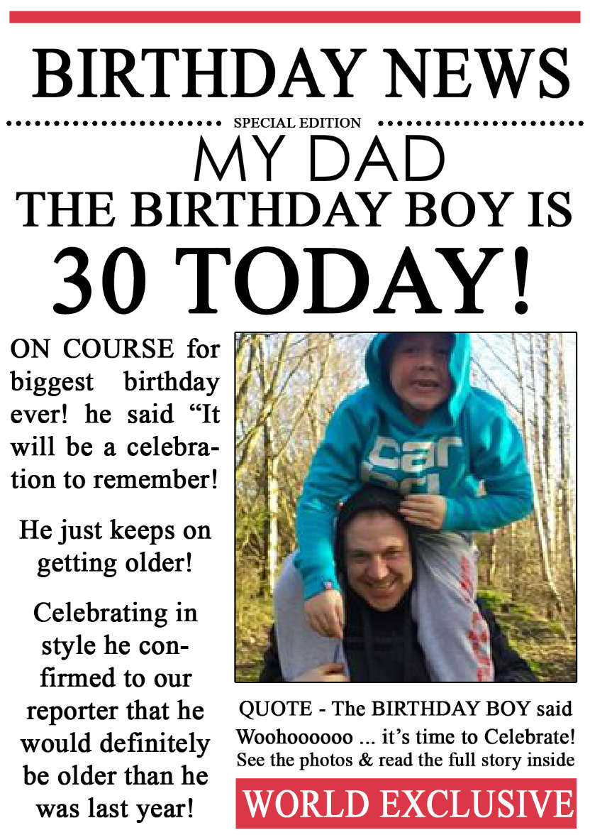 30 Today Birthday News Photo Upload Card - card made with Crafty Bob's Card Creator