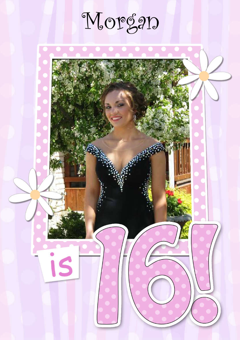 16th Birthday Stripes & Flowers Photo Upload Card - card made with Crafty Bob's Card Creator