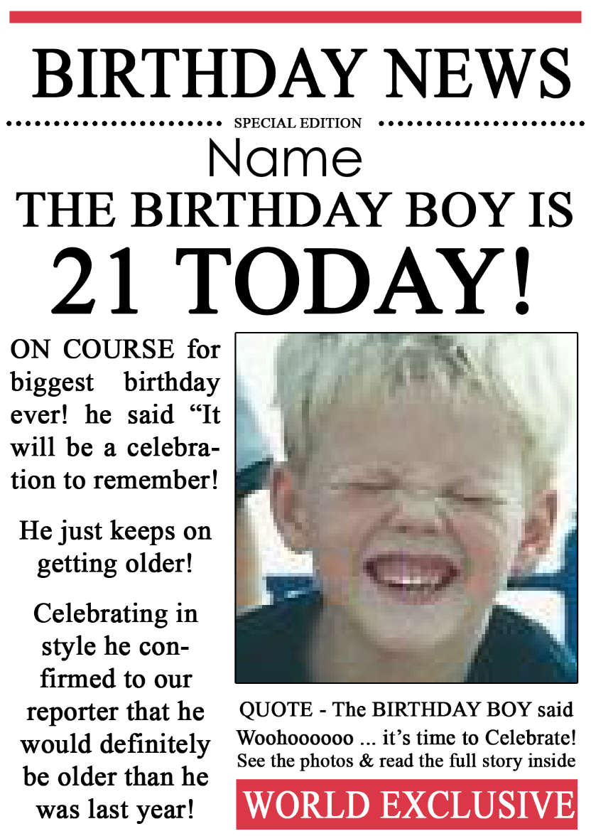 21 Today Birthday News Photo Upload Card - card made with Crafty Bob's Card Creator
