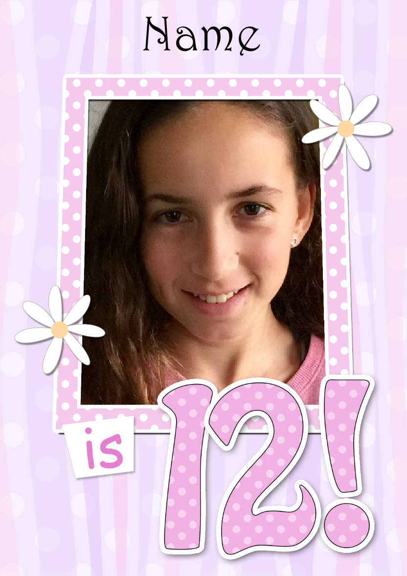 12th Birthday Stripes & Flowers Photo Upload Card - card made with Crafty Bob's Card Creator