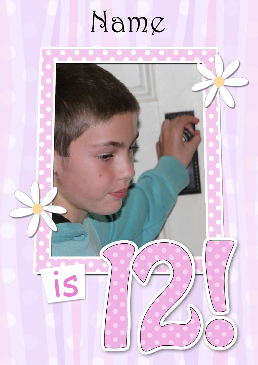 12th Birthday Stripes & Flowers Photo Upload Card - card made with Crafty Bob's Card Creator