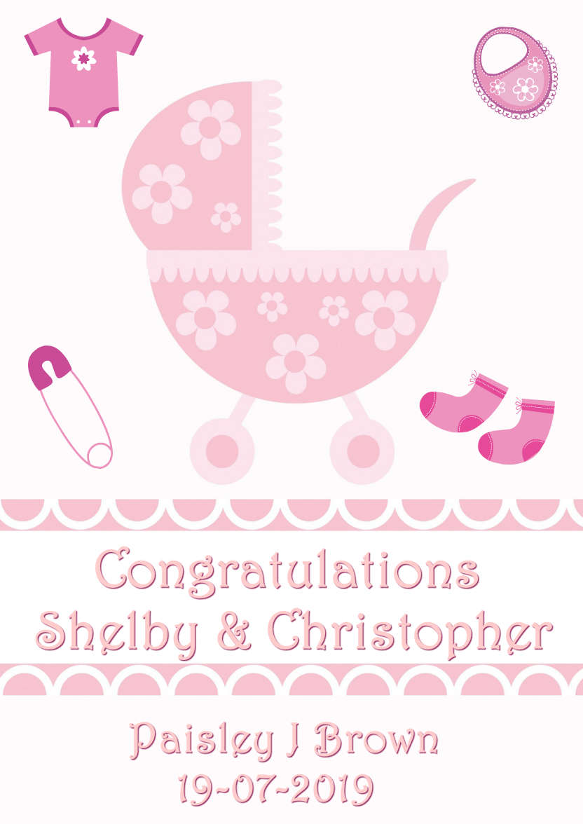 New Baby Girl Pram Card Front - card made with Crafty Bob's Card Creator