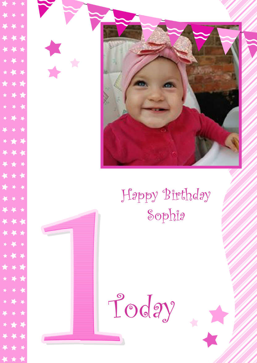 Stars and Stripes First Birthday Girl - card made with Crafty Bob's Card Creator