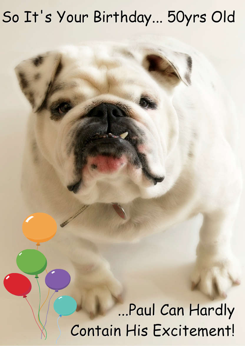 Excited Bulldog Card Front - card made with Crafty Bob's Card Creator