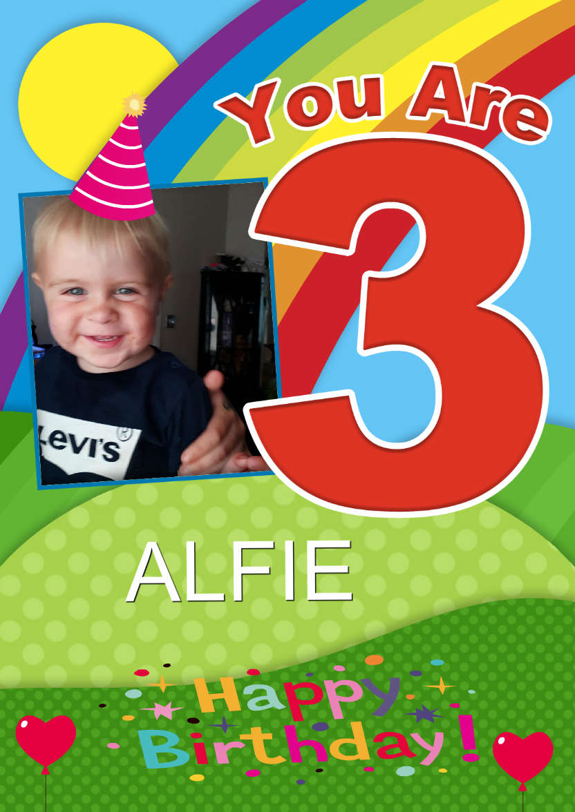 Rainbow Age 3 Aperture Photo Card - card made with Crafty Bob's Card Creator