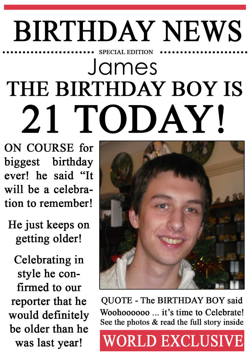 21 Today Birthday News Photo Upload Card - card made with Crafty Bob's Card Creator