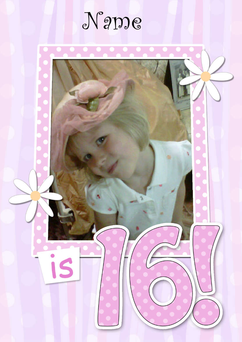 16th Birthday Stripes & Flowers Photo Upload Card - card made with Crafty Bob's Card Creator