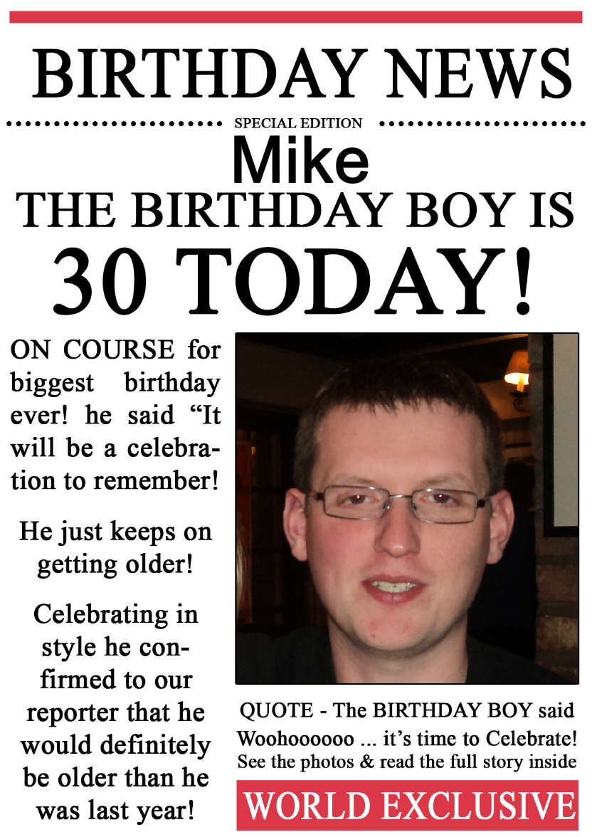 30 Today Birthday News Photo Upload Card - card made with Crafty Bob's Card Creator