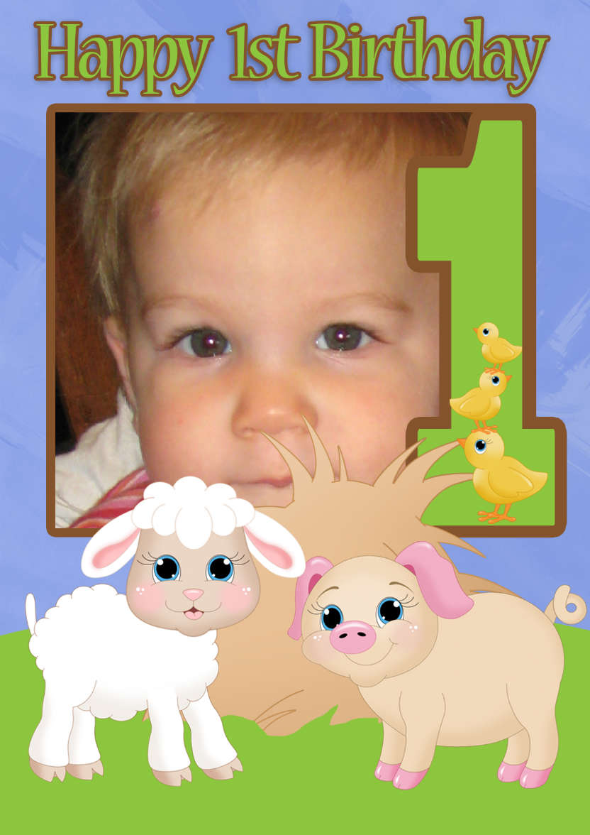 1st Birthday Farmyard Your Photo Here Card - card made with Crafty Bob's Card Creator