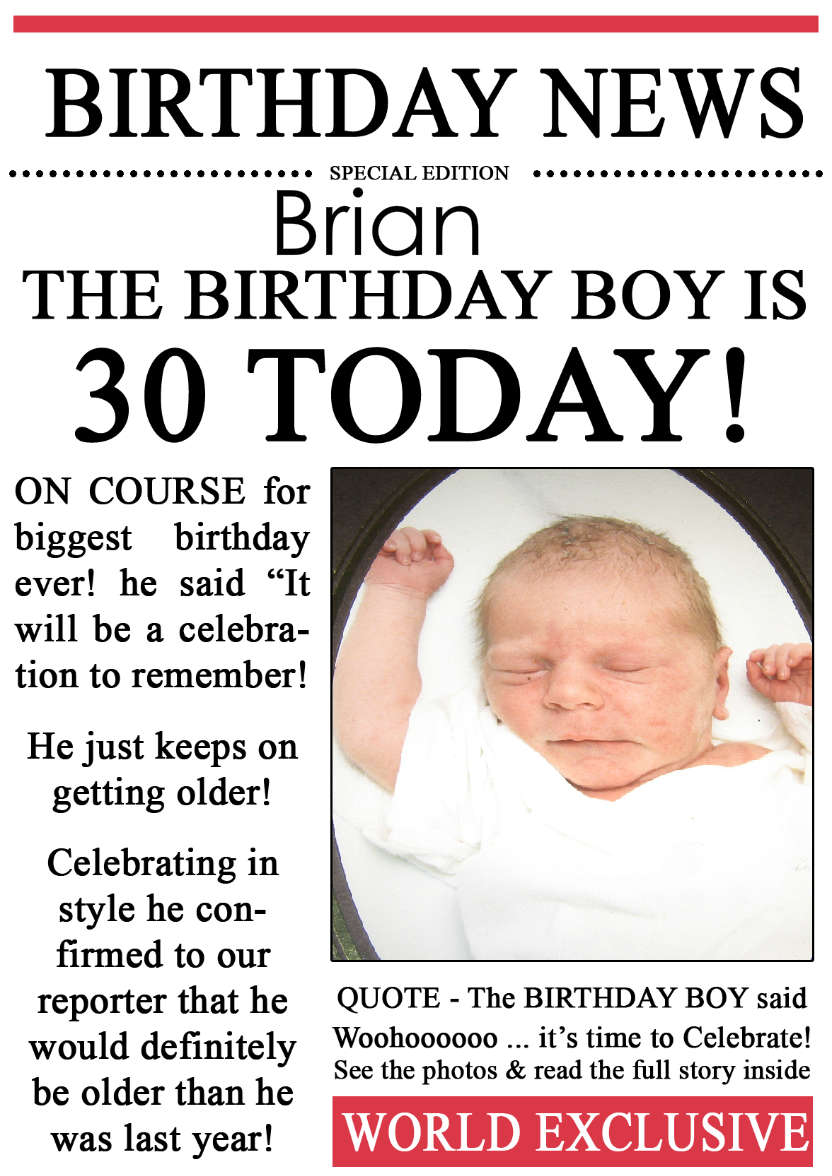 30 Today Birthday News Photo Upload Card - card made with Crafty Bob's Card Creator