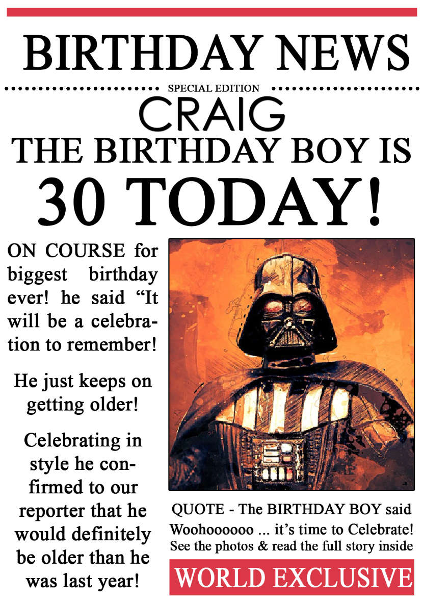 30 Today Birthday News Photo Upload Card - card made with Crafty Bob's Card Creator