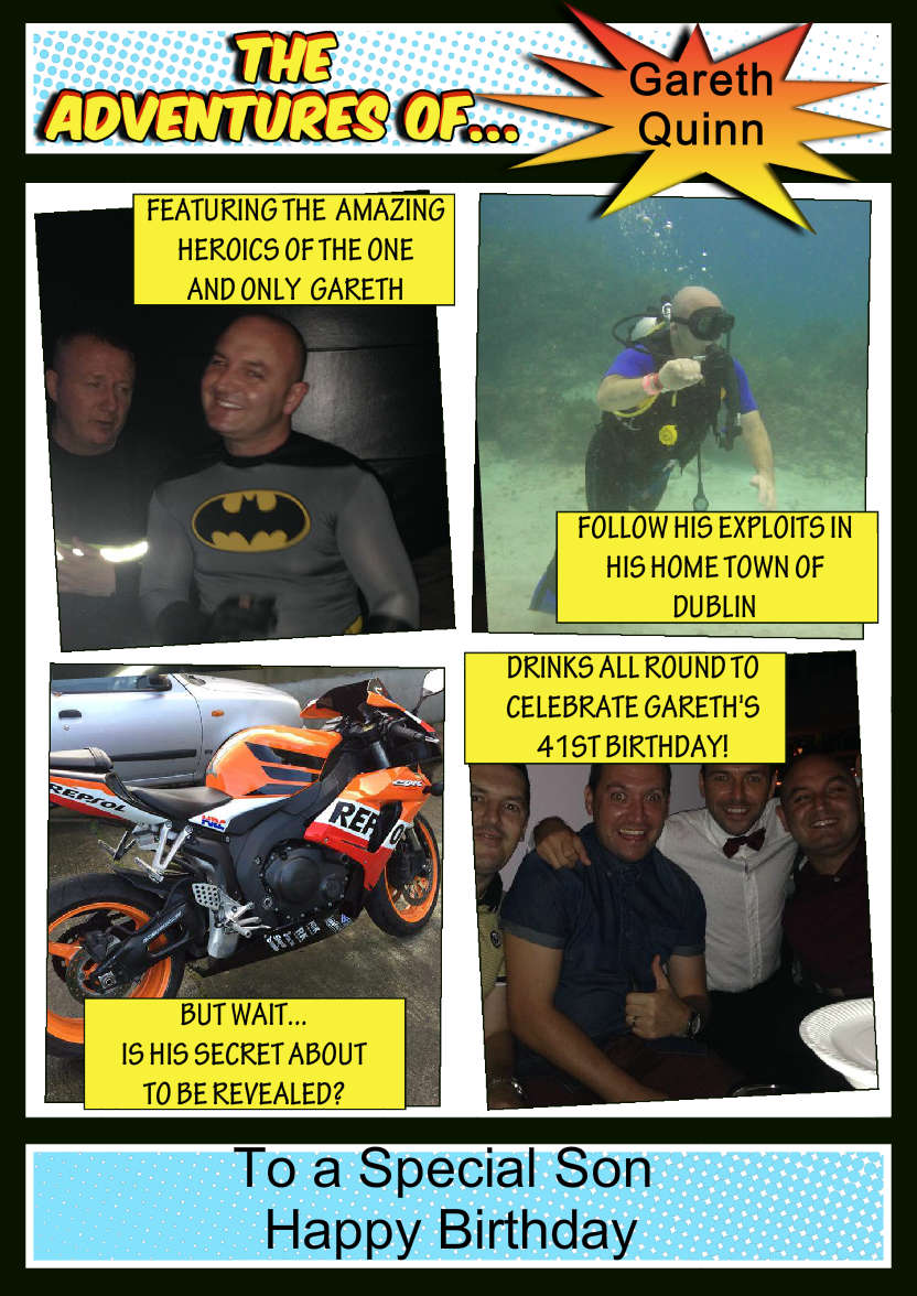 The Adventures Of -  Spoof Comic Book Card Front Blue - card made with Crafty Bob's Card Creator