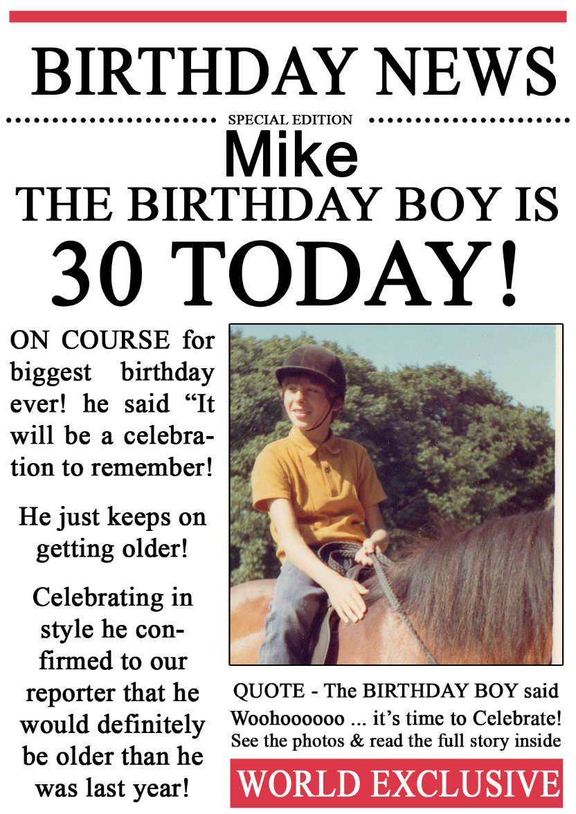 30 Today Birthday News Photo Upload Card - card made with Crafty Bob's Card Creator