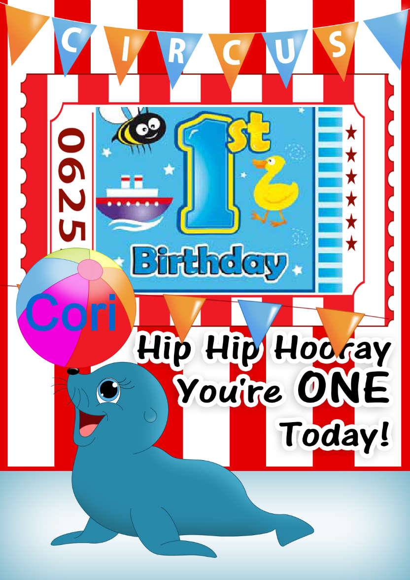 Circus Birthday Card with Cute Seal - card made with Crafty Bob's Card Creator