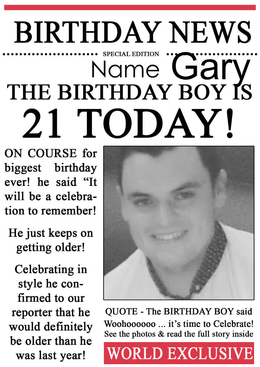 21 Today Birthday News Photo Upload Card - card made with Crafty Bob's Card Creator